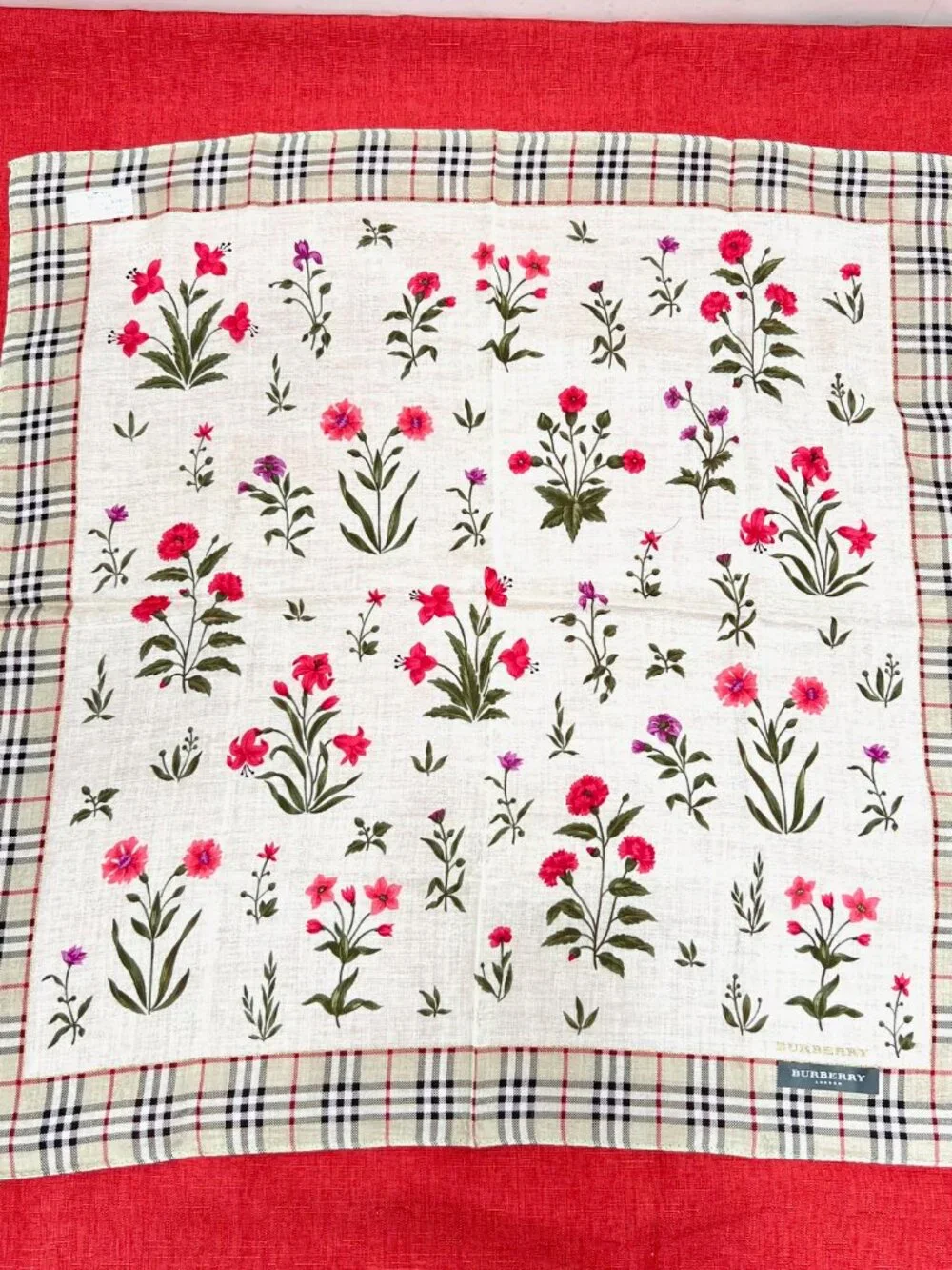 New   Burberry Neck-handker /Mini Scarf 19.5" Cotton Olive Gray Floral Check(77 - Picture 6 of 13